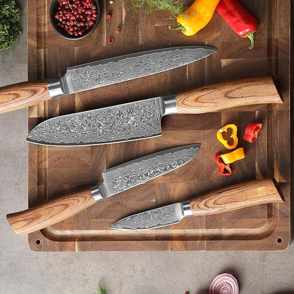 Wakoli EDIB Pro 4-Piece Damascus Knife Set – Professional Chef Knives Set with VG10 Core Blades, 67-Layer Damascus Steel and Ergonomic Pakkawood Handles – Premium Kitchen Knives in Elegant Gift Box