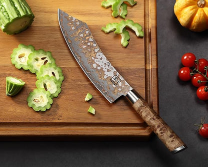 zayiko 7.9 Inch Damascus Carving Knife, VG10 Core, Meat Slicing Knife for Brisket, BBQ, Roast & Turkey, 67-Layer Copper Damascus Steel, 60 HRC, Maple Root Wood Handle, Wooden Gift Box