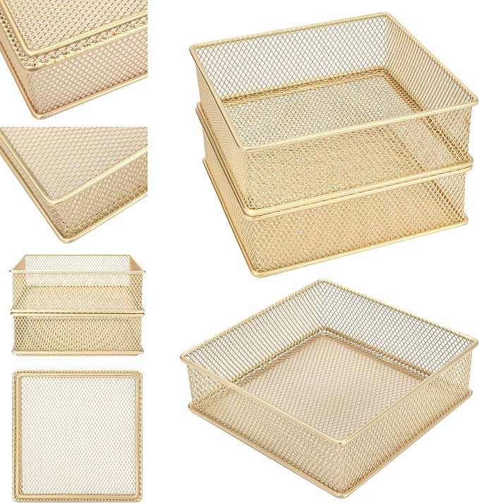 Annova Mesh Stackable Drawer Cabinet and Shelf Organizer Bins Storage Basket School Office Supply Holder Tray- Set of 2 (Gold, 6x6x2 Inch)