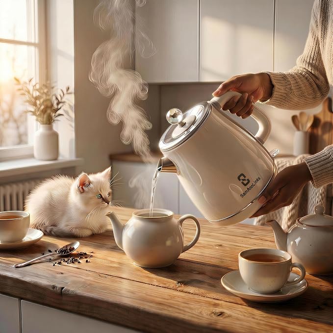 Electric Kettle - 1.8L Cordless Tea Pot, Stainless Steel Interior, Fast Boiling, Double Wall Insulation, Auto Shut-Off, White