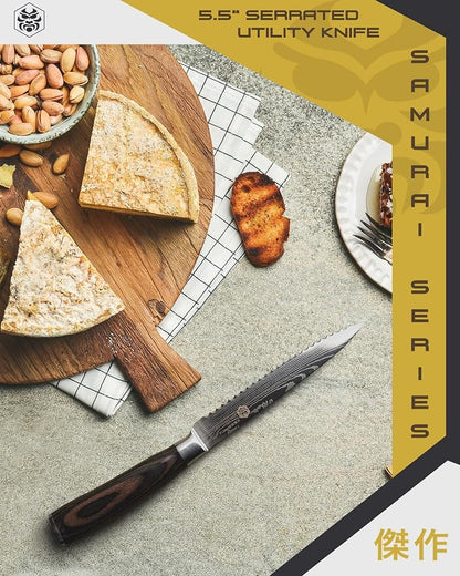 KESSAKU Serrated Utility Knife - 5.5 inch - Samurai Series - Razor Sharp Kitchen Knife - Forged 7Cr17MoV High Carbon Stainless Steel - Wood Handle with Blade Guard