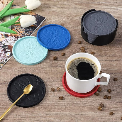 ME.FAN Silicone Coasters with Holder,[6 Pack] Drinking Coasters - Cup Mat for Hot or Cold Drinks, Thickened, Non-Slip, Non-stick,Deep Tray Coffee