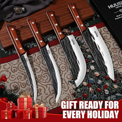 Huusk Butcher Knife Set, 4 PCS Hand Forged BBQ Knife Set for Meat Cutting, Sharp Meat Carving Breaking Knives with Ergonomic Handle, Gifts for Men Women