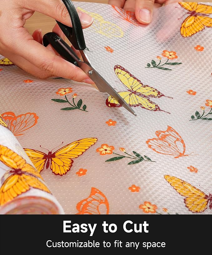 Drawer & Shelf Liner for Kitchen Cabinets Non Adhesive Waterproof Oilproof Easy to Cut Reusable Washable Shelf Paper for Refrigerator, Cupboard, Dresser, Bathroom (Colorful Butterfly, 11.8"W x 360"L)
