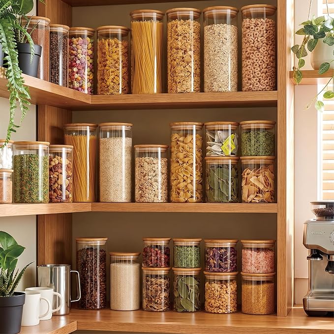 3 Pack 1200 ML / 40 FL Oz Glass Storage Container with Wood Lid, Stackable Clear Decorative Organizer Bottle Canister Pantry Jar with Air Tight Wooden Lid for Food, Coffee, Candy, Sugar, Salt, Tea