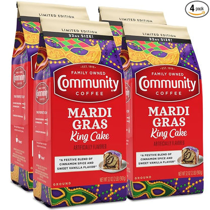 Community Coffee Mardi Gras King Cake Flavored Medium Roast Ground Coffee, 32 Ounce Bag (Pack Of 4)