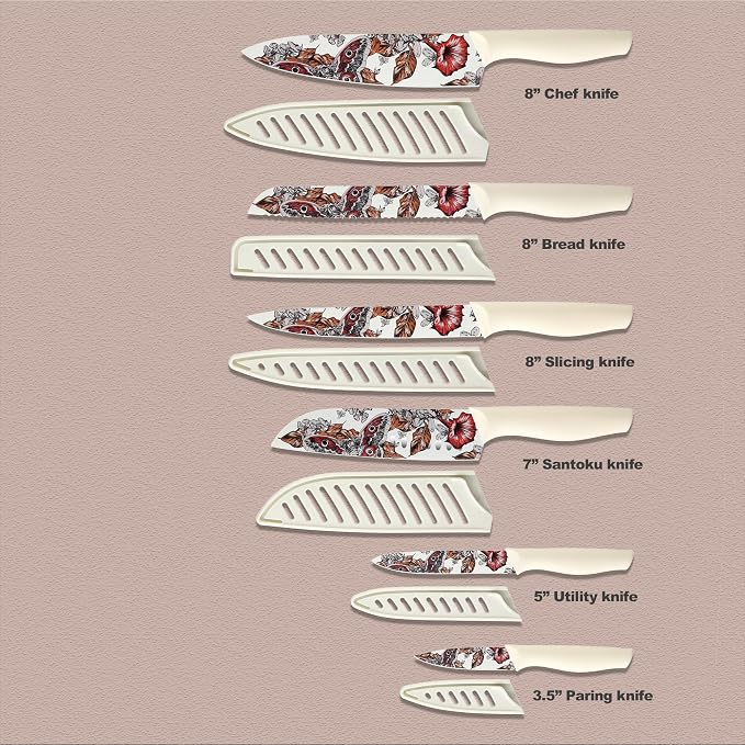 Marco Almond Knife Set Artistic Designed Pattern Kitchen Knife 6 Stainless Steel Kitchen Knives w 6 Blade Guards, Dishwasher Safe Knives for Family Kitchen Knives Set for Chefs