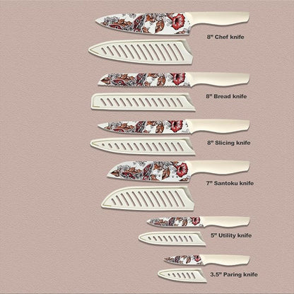 Marco Almond Knife Set Artistic Designed Pattern Kitchen Knife 6 Stainless Steel Kitchen Knives w 6 Blade Guards, Dishwasher Safe Knives for Family Kitchen Knives Set for Chefs