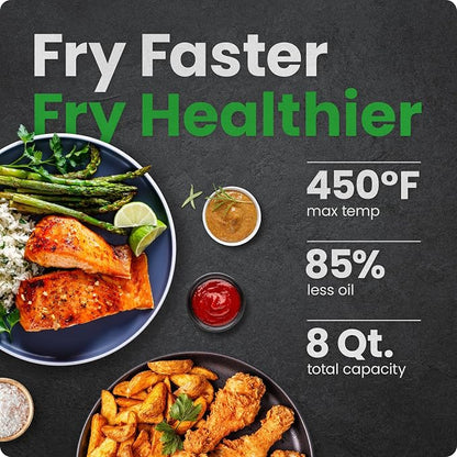 Chefman Air Fryer 8 Qt | TurboFry® 4-in-1 with 450°F Hi-Fry Option for Crispier Results | Bake, Dehydrate, Frozen | XL Nonstick Dishwasher-Safe Basket | Stainless Steel