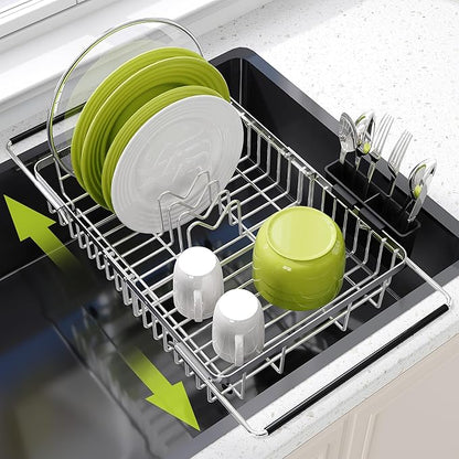 JASIWAY Expandable Stainless Steel Dish Drying Rack Over The Sink For Small Kitchen, Counter Space Saving Compact Plate Drainer Strainer, Adjustable Hanging Metal Dish Dryer Holder with Utensil Holder