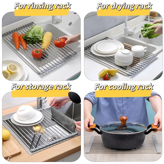 Roll Up Dish Drying Rack 17.7" x 11.8" Over The Sink Dish Drying Rack, Kitchen Dish Rack Stainless Steel Dish Drying Rack for Kitchen Sink Counter Storage (Grey)