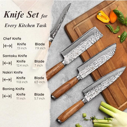 Wakoli 4-Piece Damascus Knife Block Set, VG10 Core 67-Layer Damascus Steel Kitchen Knives with Magnetic Acacia Wood Block, Ergonomic Zebrawood Handles, Hand Wash Only