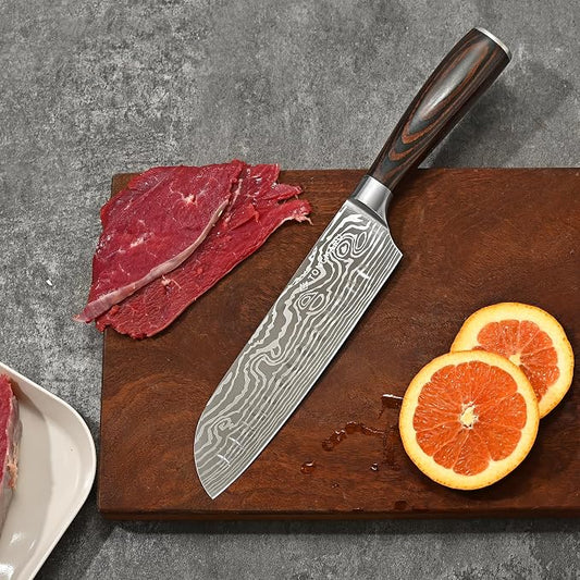 Santoku Knife, 7 inch Professional High Carbon Razor Super Sharp German Stainless Steel - Japanese Chef Kitchen Knife with Ergonomic Forged PakkaWood Handle, with Luxury Gift Box, for Family