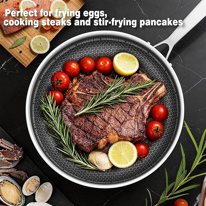 Non Stick Frying Pans, Stainless Steel Pans Tri-Ply Frying Pan with Lid, Non-Toxic PFAS PFOA PTFE Free, Metal Utensil Dishwasher & Oven Safe Induction Compatible (10-inch)