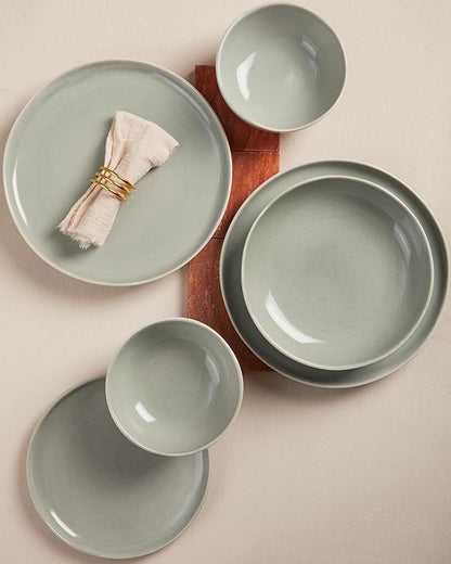 Pokini Ceramic Plates and Bowls Set, Everyday Dinnerware Set for 4, Wavy Rim Kitchen Dish Set, Chip Resistant Dishware Sets, Dishwasher Safe Dinner Set, Designed for Simple Meals, Gray Green