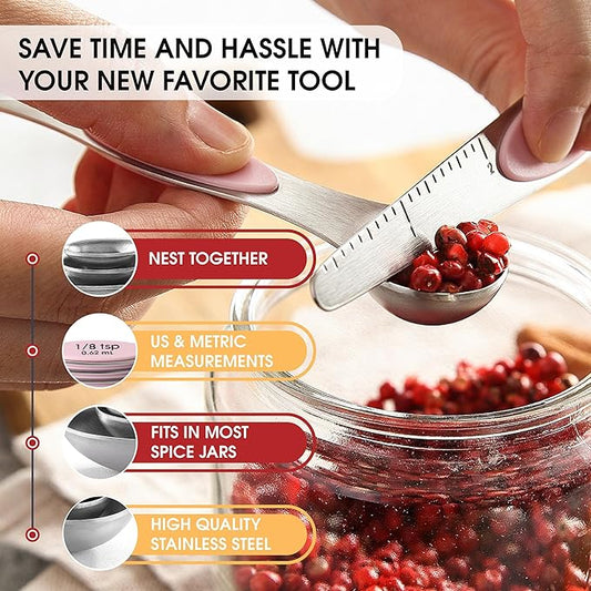 Spring Chef Stainless Steel Magnetic Measuring Spoons Set of 8 with Leveler, Dual Sided Teaspoon & Tablespoon Measuring Spoons with Strong Magnets, Kitchen Gadgets for Baking & Cooking - Pink Lemonade