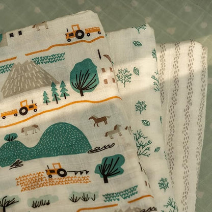 Muslin Swaddle Blankets for Newborn, 4 Pack Cotton Baby Blankets, Large 31.5 x 43.3 inch Breathable Soft Receiving Blanket, Essentials Swaddle Wrap Burping Clothes, Blue Farm Country