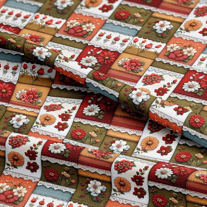 Patchwork Floral Cotton Fabric Panel 61 x 36.6 Inches, Vintage Quilt Style Printed Cotton Sewing Fabric, 140 GSM, Made in Turkey