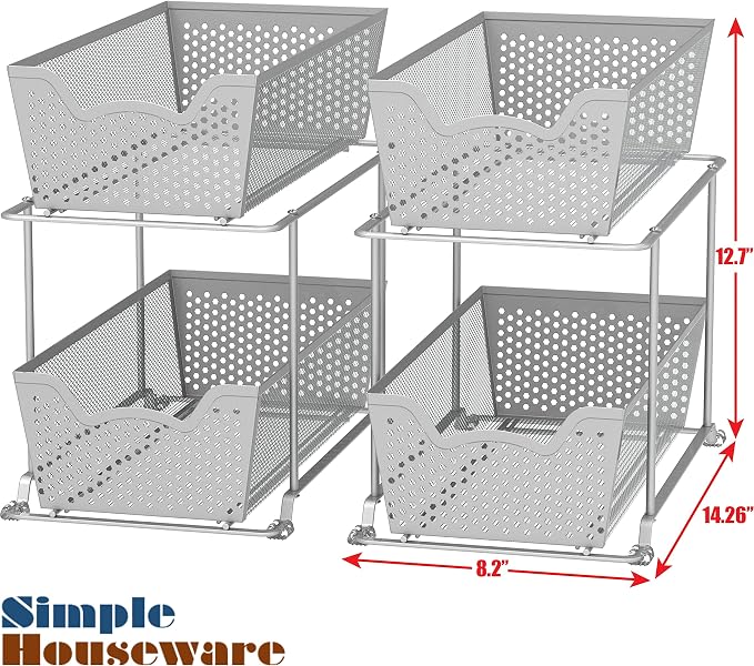Simple Houseware Cabinet 2 Tier Perforated Basket Drawer, Silver - 2 Pack