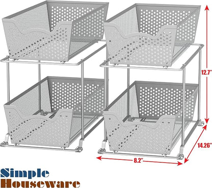 Simple Houseware Cabinet 2 Tier Perforated Basket Drawer, Silver - 2 Pack