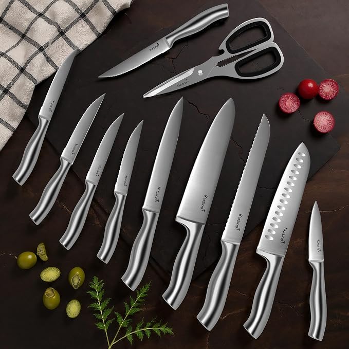 KUISINE Chef Knife Set Upgraded One Piece Molding Ultra Sharp Blade Ergonomic Handle,Kitchen Knife Block Set with Built-in Sharpener(Silver Acacia,15PCS)