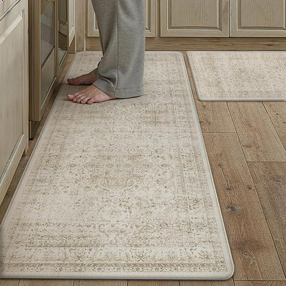 Vintage Kitchen Mats for Floor Anti Fatigue Waterproof Kitchen Rugs Sets of 2 Beige Cushioned Non-Slip Kitchen Mats Comfort Standing Mat for Sink Laundry Office 17.3"×47"+17.3"×30"