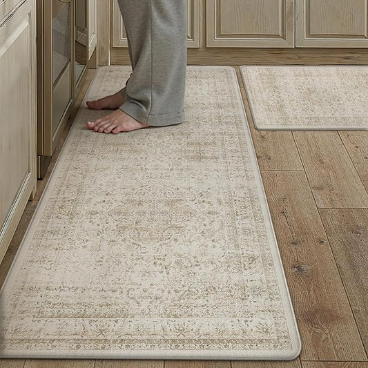 Vintage Kitchen Mats for Floor Anti Fatigue Waterproof Kitchen Rugs Sets of 2 Beige Cushioned Non-Slip Kitchen Mats Comfort Standing Mat for Sink Laundry Office 17.3"×47"+17.3"×30"