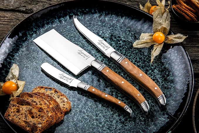 Laguiole Style De Vie Cheese Knives, Luxury Line, Olive Wood, Set of 3 Pieces, Giftbox Included