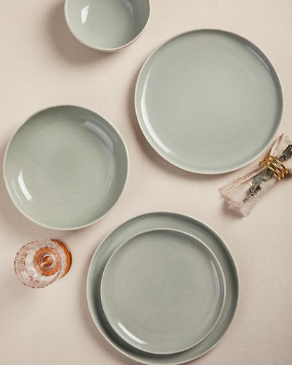 Pokini Plates and Bowls Sets, 16 Pieces Dinnerware Set for 4 with Pasta Bowls, Handmade Dishes Set, Chip Resistant Dishware Sets, Microwave Safe Dinner Set, Designed for Interactive Meals, Gray Green
