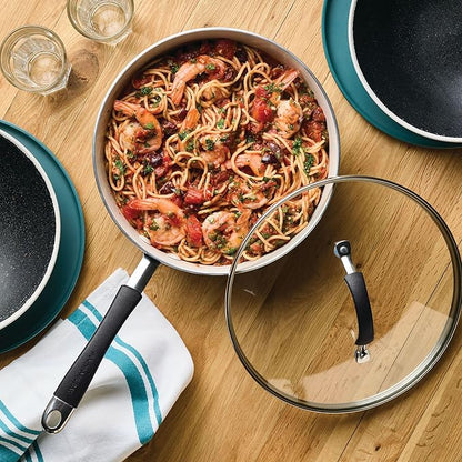 Rachael Ray Cucina Ceramic Nonstick Saute Pan with Lid, 3 Quart Non Stick Sauteuse Pan, Dishwasher Safe - Peppercorn