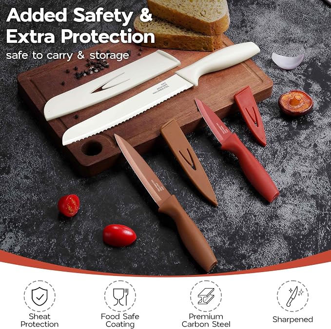 Onader 12 Pieces Kitchen Knife Set with Blade Guards, Stainless Steel Sharp Knife Set for Kitchen, Multicolor