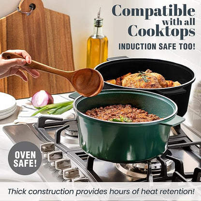 Granitestone Dutch Oven, 6.5 Quart Ultra Nonstick Enameled Lightweight Aluminum Dutch Oven Pot with Lid, Round 6.5 Qt. Stock Pot, Dishwasher & Oven Safe Induction Capable 100% PFOA Free, Emerald Green