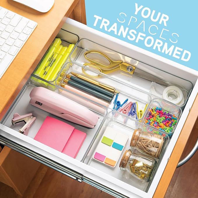 primebox Plastic Clear Drawer Organizers. Bathroom, Kitchen, Bedroom, Jewelry, Office Organizer Bins, Storage Trays. Heavy Duty, Stackable. 9" x 3" x 2" Set of 6