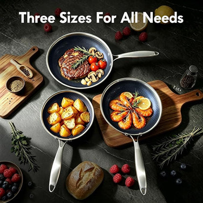BRASA 3PCS pot and pan set,nonstick cookware set,stainless steel pan set,Ceramic coating,Compatible Gas,Induction Dishwasher safe (PFOS, PFOA Free) 3frying pan set