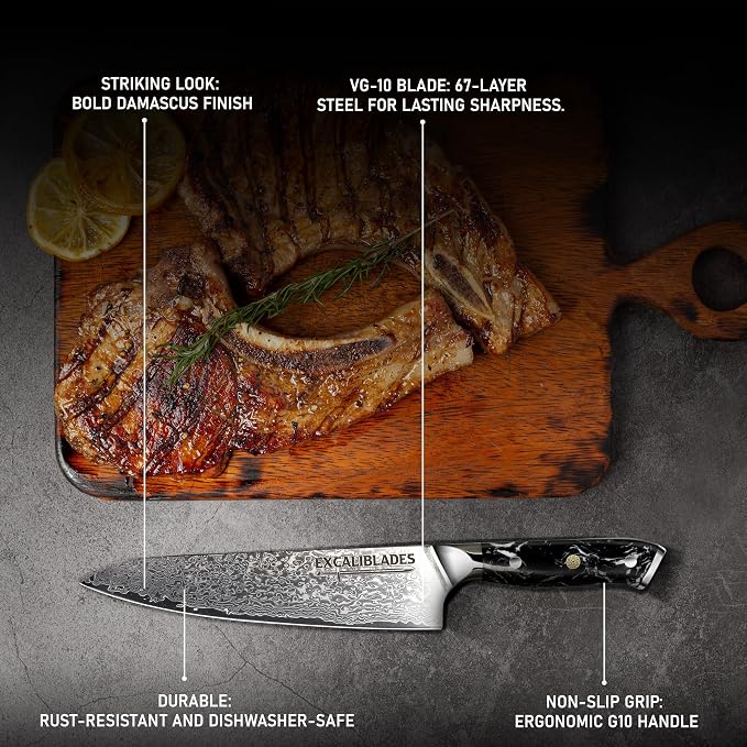 8” Chef Knife – VG10 Damascus Steel Kitchen Knife, Razor Sharp Professional Cooking Knife with Ergonomic G10 Handle, Luxury Gift Box & Sheath, Gift for Home Chefs