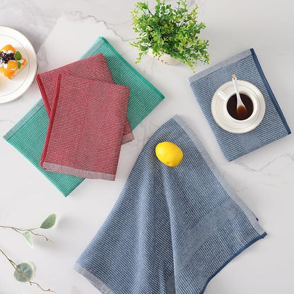Mordimy Premium Kitchen Towels 6 Pack (18 x 28 Inches, Navy Blue/Red/Green), Large Cotton Flat & Terry Kitchen Hand Towel, Super Absorbent Tea Dishtowels Set with Hanging Loop