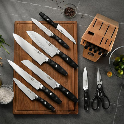 Klaus Meyer 15 Pieces Knife Block Set, High Carbon German Stainless Steel Forged Sharp Blade Knife Set With Block, Dishwasher Safe Cutlery