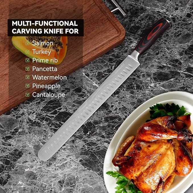 DiiHAUZZ Brisket Slicing Knife, 12" Carving Knife Razor Sharp High Carbon Steel with Ergonomic Pakkawood Handle for Meat, Roast Beef, BBQ, Turkey, Grilling Gift for Men