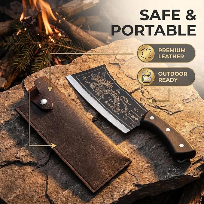 Dragon Engraved Chinese Cleaver with Sheath, High Carbon Stainless Steel Sharp Chef’s Tool for Kitchen, Meat Cleaver, Vegetable or Meat Cutting, Cool for Men, Ideal for Home Cooking or Camping