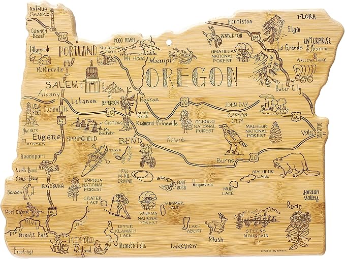 Totally Bamboo Destination Oregon Shaped Cutting Board – Bamboo Charcuterie and Serving Board with Hang Tie for Wall Display