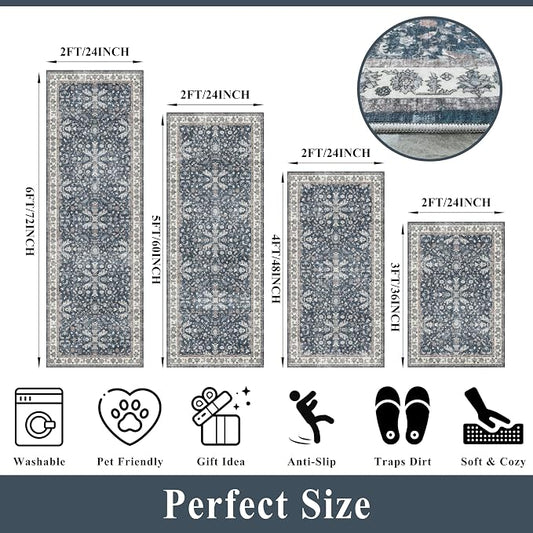 Kitchen Rug Sets 4-Piece with Runner – Washable Non-Slip Floor Mats for Sink, Entryway, Hallway, Bathroom – Soft Low-Pile Thin Boho Floral Rugs, New Home Decor (Blue, 2x3+2x4+2x5+2x6)