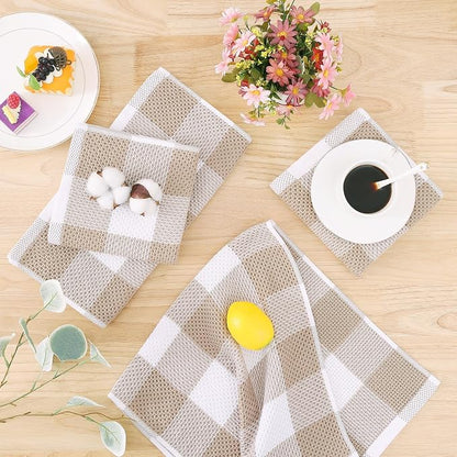Homaxy Kitchen Towels and Dishcloths Set, 12 x 12 and 13 x 28 Inches, Set of 16 100% Cotton Waffle Weave Check Plaid Kitchen Dish Towels, Super Soft and Absorbent Dish Cloths, White & Khaki