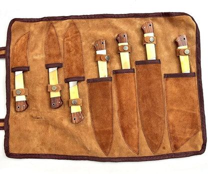 Professional Handmade Damascus Kitchen Chef Knife Set with Bone handle and Damascus Steel Blade, Kitchen Knife set with Leather Roll Bag (1064)