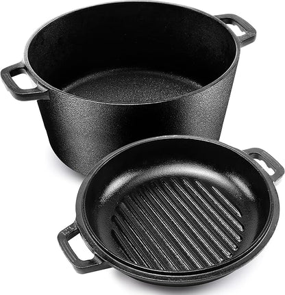 KICHLY Cast Iron Dutch Oven with Dual Purpose Skillet Lid, 5.QT Cast Iron Pot with 10.6 in Griddle Pan, Pre-Seasoned Heavy Duty Pot for Bread Baking, Roasting, Braising & Outdoor Camping Cooking, Black