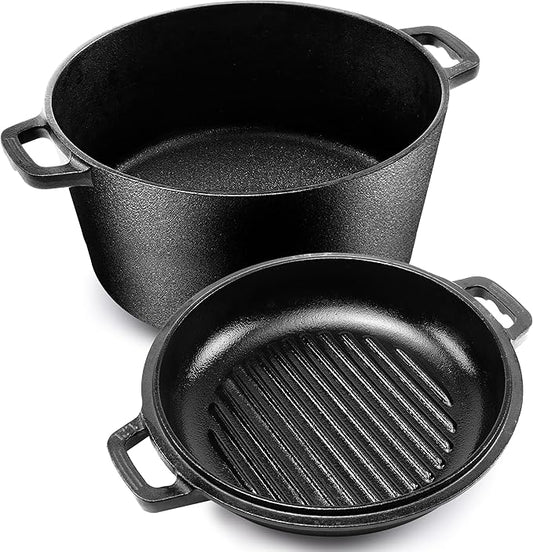 KICHLY Cast Iron Dutch Oven with Dual Purpose Skillet Lid, 5.QT Cast Iron Pot with 10.6 in Griddle Pan, Pre-Seasoned Heavy Duty Pot for Bread Baking, Roasting, Braising & Outdoor Camping Cooking, Black