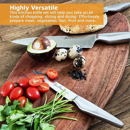 Jean-Patrique Chopaholic Kitchen Knife Set - 5 Knives Set for Kitchen - Stainless Steel Kitchen Knives with Carving Knife, Bread Knife, Chefs Knife, Utility Knife, Paring Knife Set