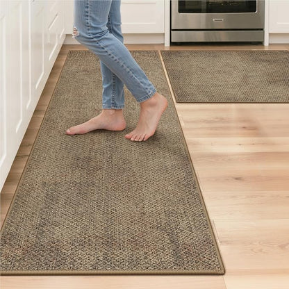 GENIMO Kitchen Mats for Floor 2PCS, Washable Absorbent Runner Rugs for Kitchen, 17.3"x59"+17.3"x30", Cushioned Non Slip Kitchen Rugs for Kitchen Floor,Standing Mat Rug for Home, Sink, Laundry, Jute