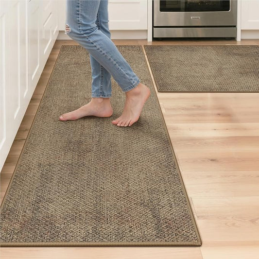 GENIMO Kitchen Mats for Floor 2PCS, Washable Absorbent Runner Rugs for Kitchen, 17.3"x59"+17.3"x30", Cushioned Non Slip Kitchen Rugs for Kitchen Floor,Standing Mat Rug for Home, Sink, Laundry, Jute