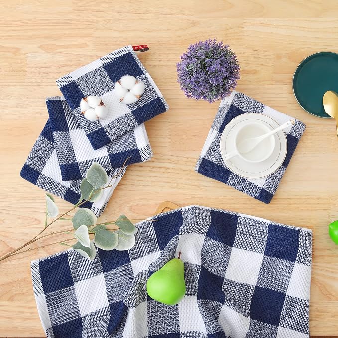 Homaxy 100% Cotton Waffle Weave Check Plaid Dish Cloths, 12 x 12 Inches, Super Soft and Absorbent Dish Towels Quick Drying Dish Rags, 6-Pack, White & Navy Blue