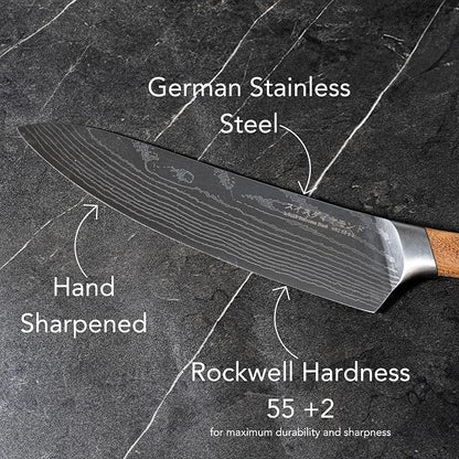 Swiss Diamond Chef Knife Set, German Steel with Carbonized Ash Wood, Full Tang Handle, Damascus Blade Chef Knives Professional Grade, 55+2 Rockwell Hardness, Set Of 5